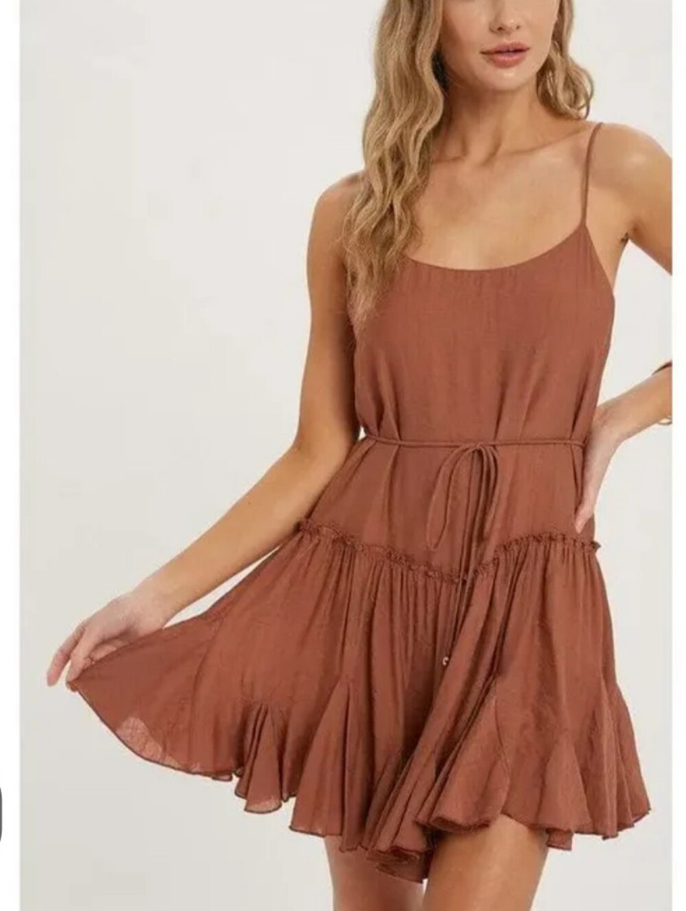 Bluivy Women's Ruffled Swing Cami Spaghetti Strap Waist Tie Dress Brown S NWT
